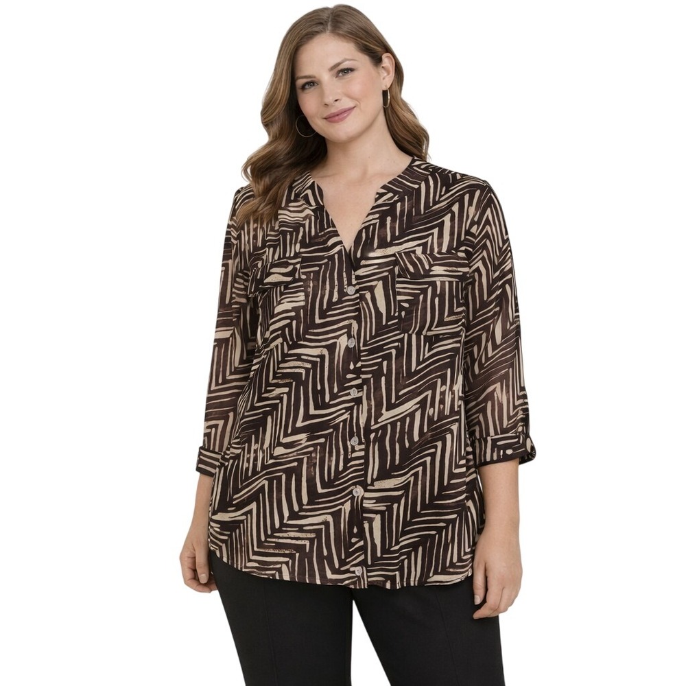 CHICO'S Size 12 Brown Tan‎ Sheer Tropical Tribal Popover Blouse Front Pockets